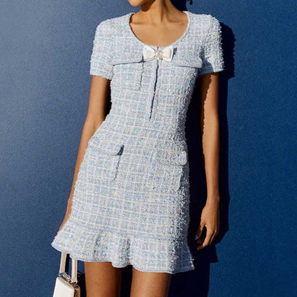 Check Knitted Mini Dress Short Sleeves