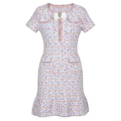 Check Knitted Mini Dress Short Sleeves