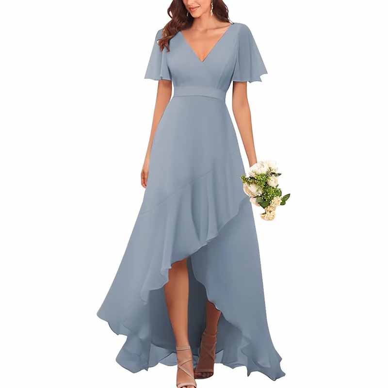 Bridesmaid Dresses with Sleeves High Low Ruffle Hem Prom Formal Dress Chiffon Wedding Party Gown