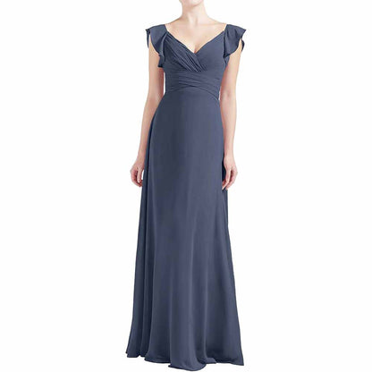 Women V Neck Ruffle Cap Sleeve Empire Waist Long Bridesmaid Dresses