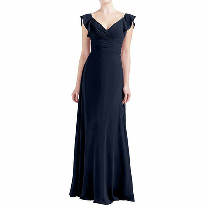 Women V Neck Ruffle Cap Sleeve Empire Waist Long Bridesmaid Dresses