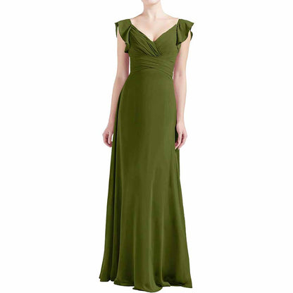 Women V Neck Ruffle Cap Sleeve Empire Waist Long Bridesmaid Dresses