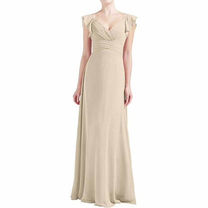 Women V Neck Ruffle Cap Sleeve Empire Waist Long Bridesmaid Dresses