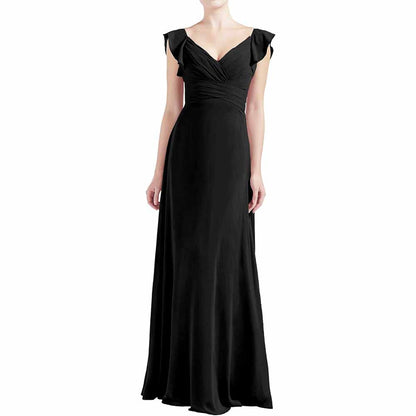 Women V Neck Ruffle Cap Sleeve Empire Waist Long Bridesmaid Dresses