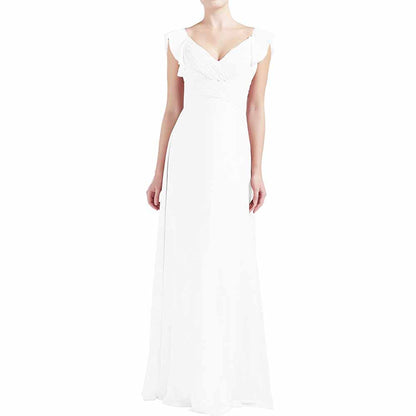 Women V Neck Ruffle Cap Sleeve Empire Waist Long Bridesmaid Dresses