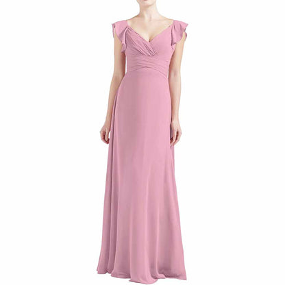 Women V Neck Ruffle Cap Sleeve Empire Waist Long Bridesmaid Dresses