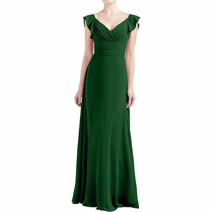 Women V Neck Ruffle Cap Sleeve Empire Waist Long Bridesmaid Dresses