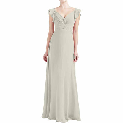 Women V Neck Ruffle Cap Sleeve Empire Waist Long Bridesmaid Dresses