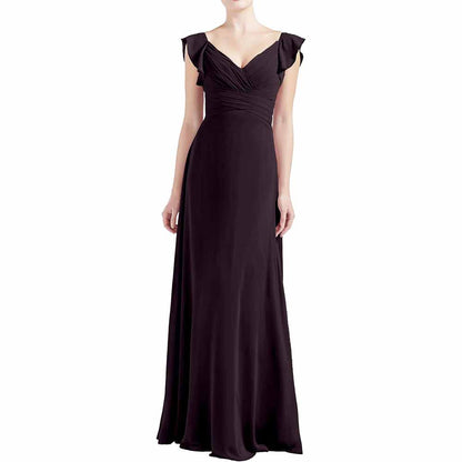 Women V Neck Ruffle Cap Sleeve Empire Waist Long Bridesmaid Dresses