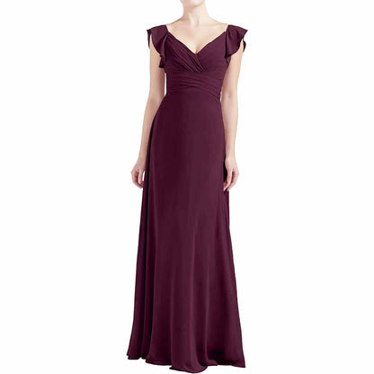Women V Neck Ruffle Cap Sleeve Empire Waist Long Bridesmaid Dresses