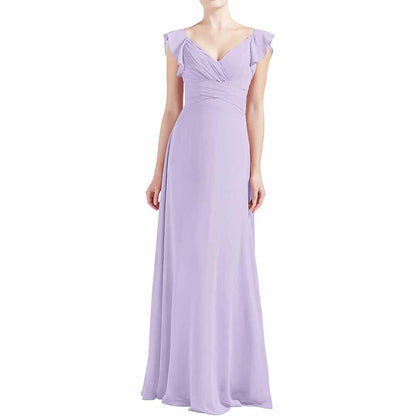 Women V Neck Ruffle Cap Sleeve Empire Waist Long Bridesmaid Dresses