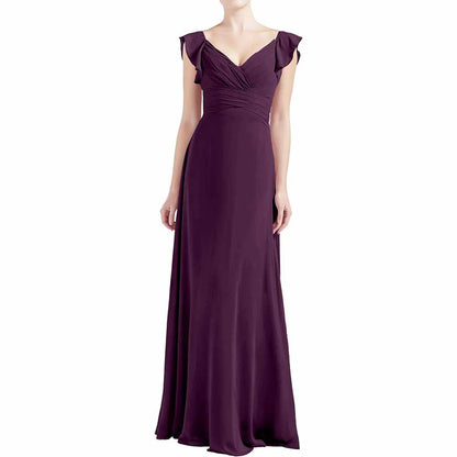Women V Neck Ruffle Cap Sleeve Empire Waist Long Bridesmaid Dresses
