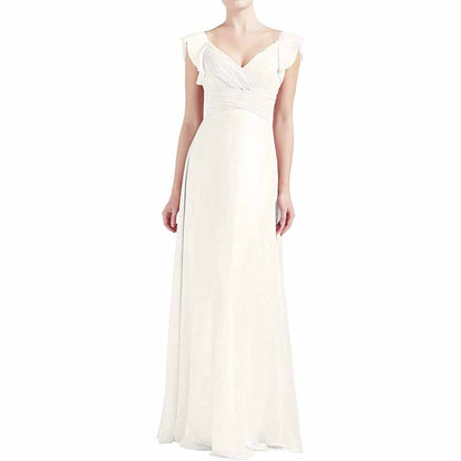 Women V Neck Ruffle Cap Sleeve Empire Waist Long Bridesmaid Dresses