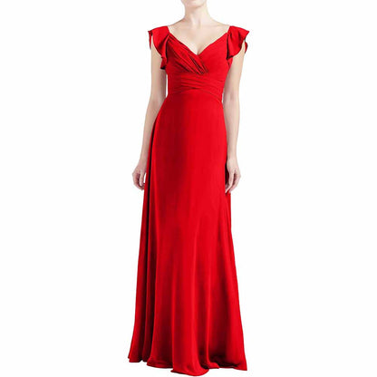 Women V Neck Ruffle Cap Sleeve Empire Waist Long Bridesmaid Dresses