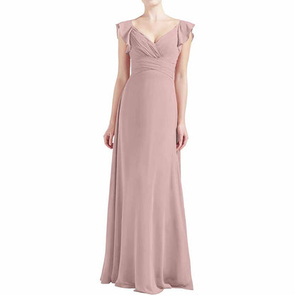 Women V Neck Ruffle Cap Sleeve Empire Waist Long Bridesmaid Dresses