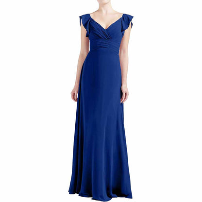 Women V Neck Ruffle Cap Sleeve Empire Waist Long Bridesmaid Dresses
