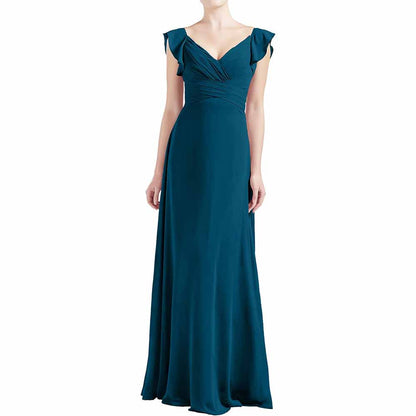 Women V Neck Ruffle Cap Sleeve Empire Waist Long Bridesmaid Dresses