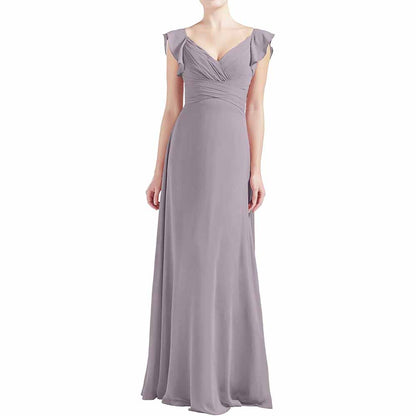 Women V Neck Ruffle Cap Sleeve Empire Waist Long Bridesmaid Dresses