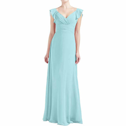 Women V Neck Ruffle Cap Sleeve Empire Waist Long Bridesmaid Dresses