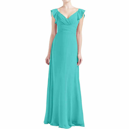 Women V Neck Ruffle Cap Sleeve Empire Waist Long Bridesmaid Dresses