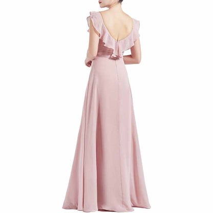 Women V Neck Ruffle Cap Sleeve Empire Waist Long Bridesmaid Dresses