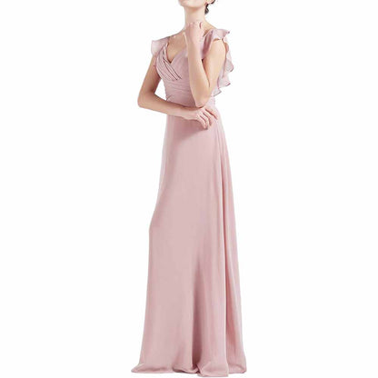 Women V Neck Ruffle Cap Sleeve Empire Waist Long Bridesmaid Dresses
