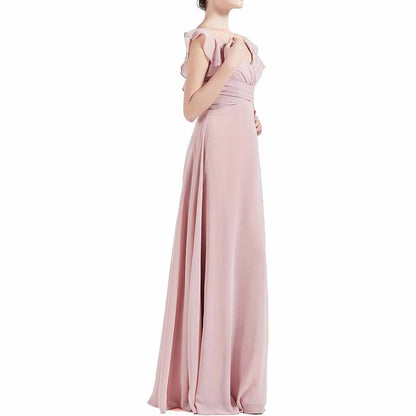 Women V Neck Ruffle Cap Sleeve Empire Waist Long Bridesmaid Dresses