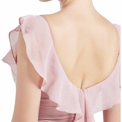 Women V Neck Ruffle Cap Sleeve Empire Waist Long Bridesmaid Dresses