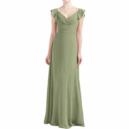 Women V Neck Ruffle Cap Sleeve Empire Waist Long Bridesmaid Dresses