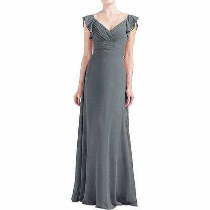 Women V Neck Ruffle Cap Sleeve Empire Waist Long Bridesmaid Dresses