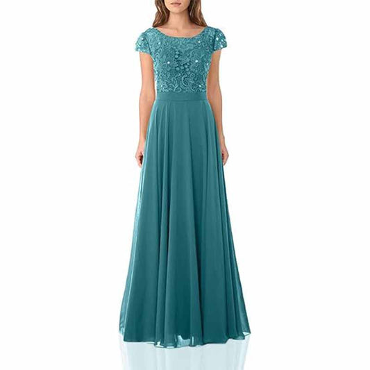 Long lace bridesmaid dresses with cap sleeves lace top wedding guest dress event dress