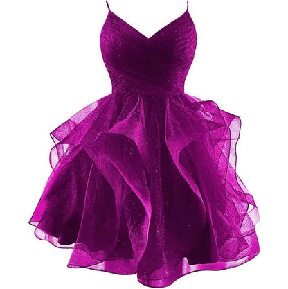 Short Prom Dress Tulle Spaghetti Straps Tiered Homecoming Dresses Teens Ball Gown