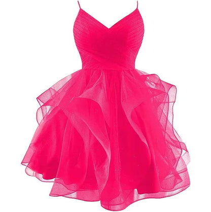 Short Prom Dress Tulle Spaghetti Straps Tiered Homecoming Dresses Teens Ball Gown