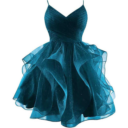 Short Prom Dress Tulle Spaghetti Straps Tiered Homecoming Dresses Teens Ball Gown