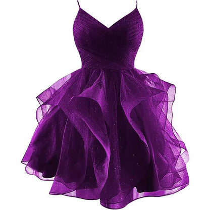 Short Prom Dress Tulle Spaghetti Straps Tiered Homecoming Dresses Teens Ball Gown