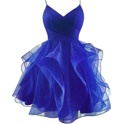 Short Prom Dress Tulle Spaghetti Straps Tiered Homecoming Dresses Teens Ball Gown