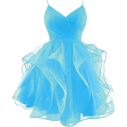 Short Prom Dress Tulle Spaghetti Straps Tiered Homecoming Dresses Teens Ball Gown