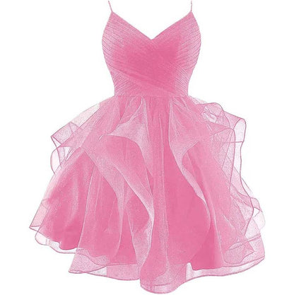 Short Prom Dress Tulle Spaghetti Straps Tiered Homecoming Dresses Teens Ball Gown