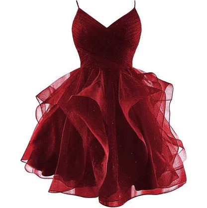 Short Prom Dress Tulle Spaghetti Straps Tiered Homecoming Dresses Teens Ball Gown