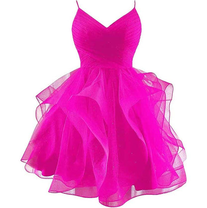 Short Prom Dress Tulle Spaghetti Straps Tiered Homecoming Dresses Teens Ball Gown