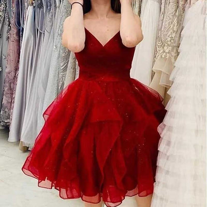 Short Prom Dress Tulle Spaghetti Straps Tiered Homecoming Dresses Teens Ball Gown