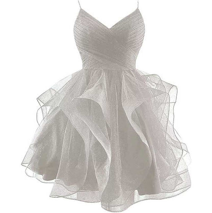 Short Prom Dress Tulle Spaghetti Straps Tiered Homecoming Dresses Teens Ball Gown