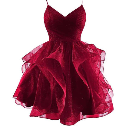 Short Prom Dress Tulle Spaghetti Straps Tiered Homecoming Dresses Teens Ball Gown