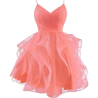 Short Prom Dress Tulle Spaghetti Straps Tiered Homecoming Dresses Teens Ball Gown