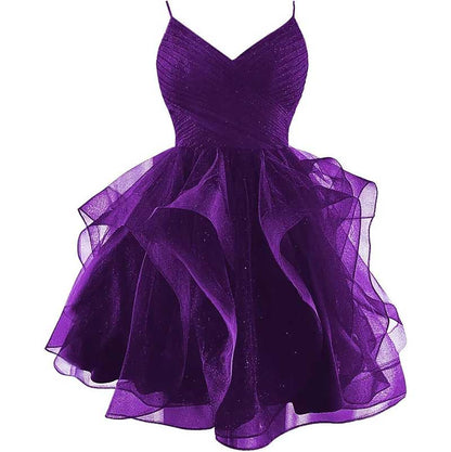Short Prom Dress Tulle Spaghetti Straps Tiered Homecoming Dresses Teens Ball Gown