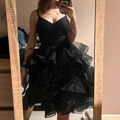 Short Prom Dress Tulle Spaghetti Straps Tiered Homecoming Dresses Teens Ball Gown