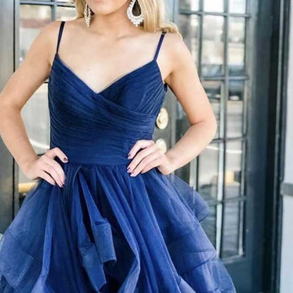 Short Prom Dress Tulle Spaghetti Straps Tiered Homecoming Dresses Teens Ball Gown