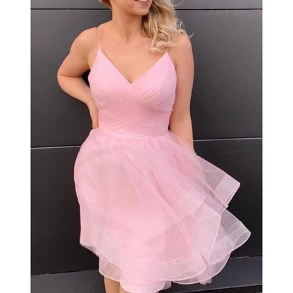 Short Prom Dress Tulle Spaghetti Straps Tiered Homecoming Dresses Teens Ball Gown