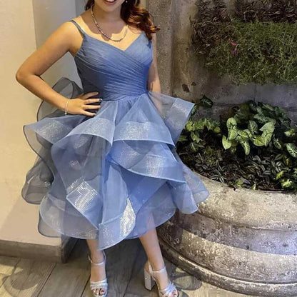 Short Prom Dress Tulle Spaghetti Straps Tiered Homecoming Dresses Teens Ball Gown