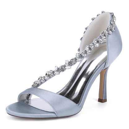 3.74" Peep Toe Cross Beaded Strap Wedding Shoes Satin Bridal Heels